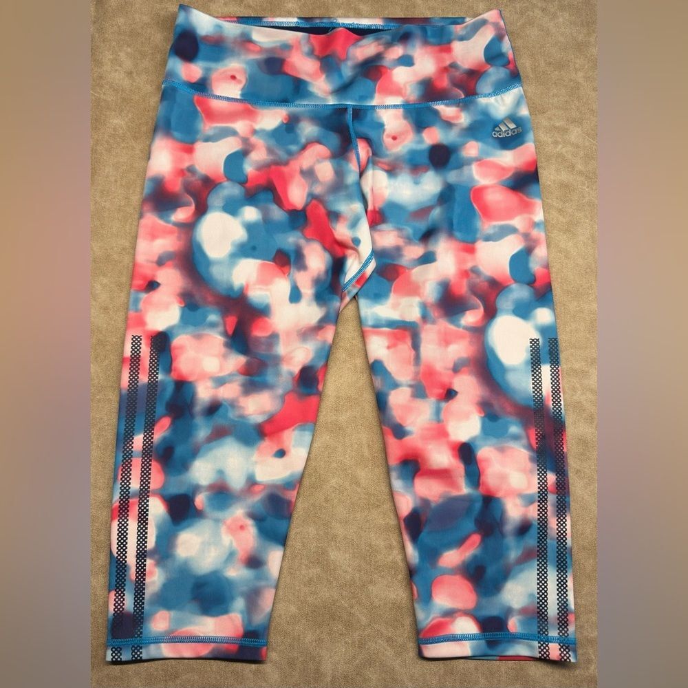 Adidas Capri Leggings Women's Sz LARGE L Pink Blue Cotton Candy Clouds Climate